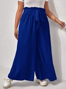 Calvaya Plus Paperbag Waist Tie Front Wide Leg Trousers - Royal Blue - View 5