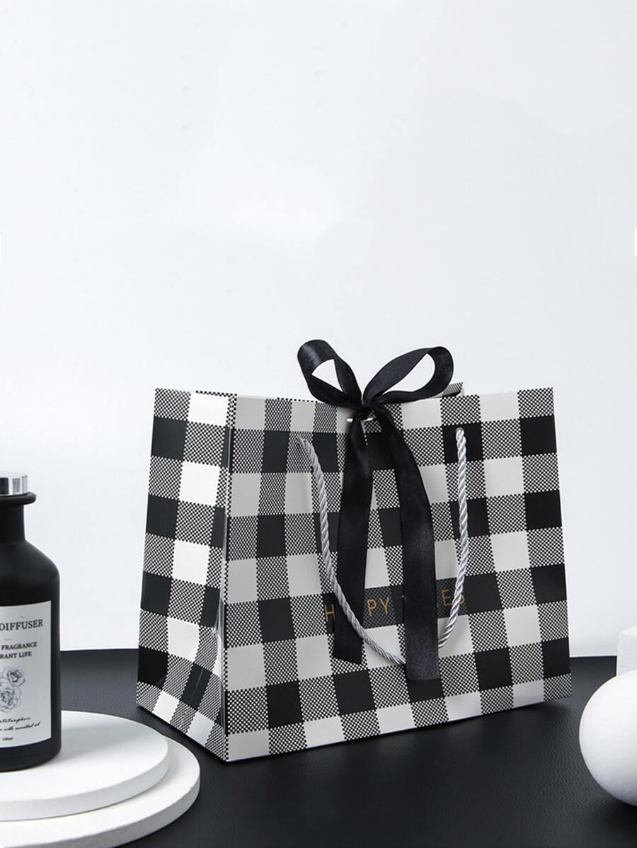 1 túi giấy gói quà có ruy băng, túi quà tặng vải gingham đen trắng đơn giản có thể tái sử dụng có ruy băng sợi nhỏ cho ngày lễ tình nhân - Đen và trắng - Xem 1