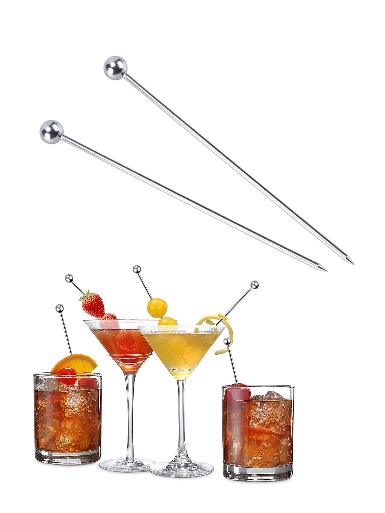 2pcs Stainless Steel Cocktail Stick, Minimalist Ball Decor Bar Spoon For Bar - Silver - View 1