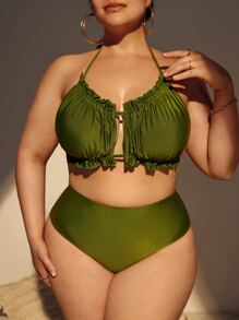 SHEIN Swim Curve Plus Size Bikini Set Frill Trim Cut Out Tie Back Halter High Waist Bikini Set 2 Pieces Bathing Suit Summer Beach - Olive Green - View 1