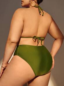SHEIN Swim Curve Plus Size Bikini Set Frill Trim Cut Out Tie Back Halter High Waist Bikini Set 2 Pieces Bathing Suit Summer Beach - Olive Green - View 2