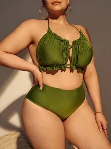SHEIN Swim Curve Plus Size Bikini Set Frill Trim Cut Out Tie Back Halter High Waist Bikini Set 2 Pieces Bathing Suit Summer Beach - Olive Green - View 4