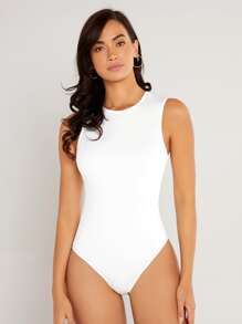 SHEIN BASICS Solid Round Neck Fitted Tank Bodysuit White Bodysuit - White - View 4