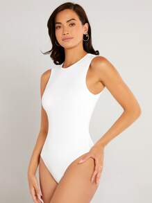 SHEIN BASICS Solid Round Neck Fitted Tank Bodysuit White Bodysuit - White - View 5