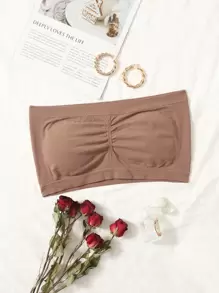 Plain Ruched Strapless Bralet - Brown - View 1