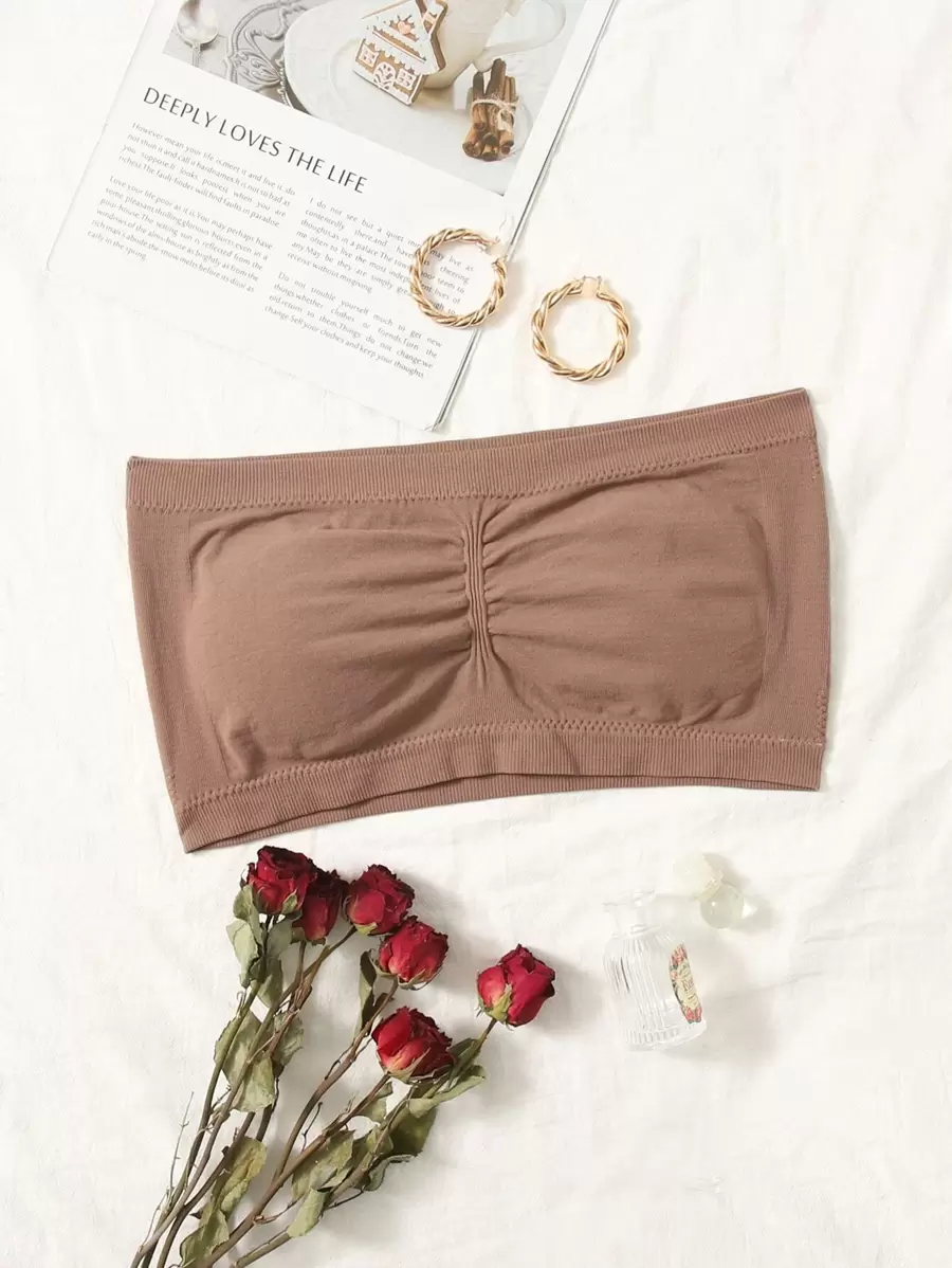 Plain Ruched Strapless Bralet - Brown - View 1