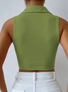 Solid Ribbed Knit Tank Top - Olive Green - View 2