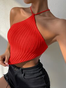Allurite Casual Textured Strap Knit Top, Solid Color Asymmetrical Hem Spaghetti Strap Cropped Tank Top, Spring/Summer - Red - View 4