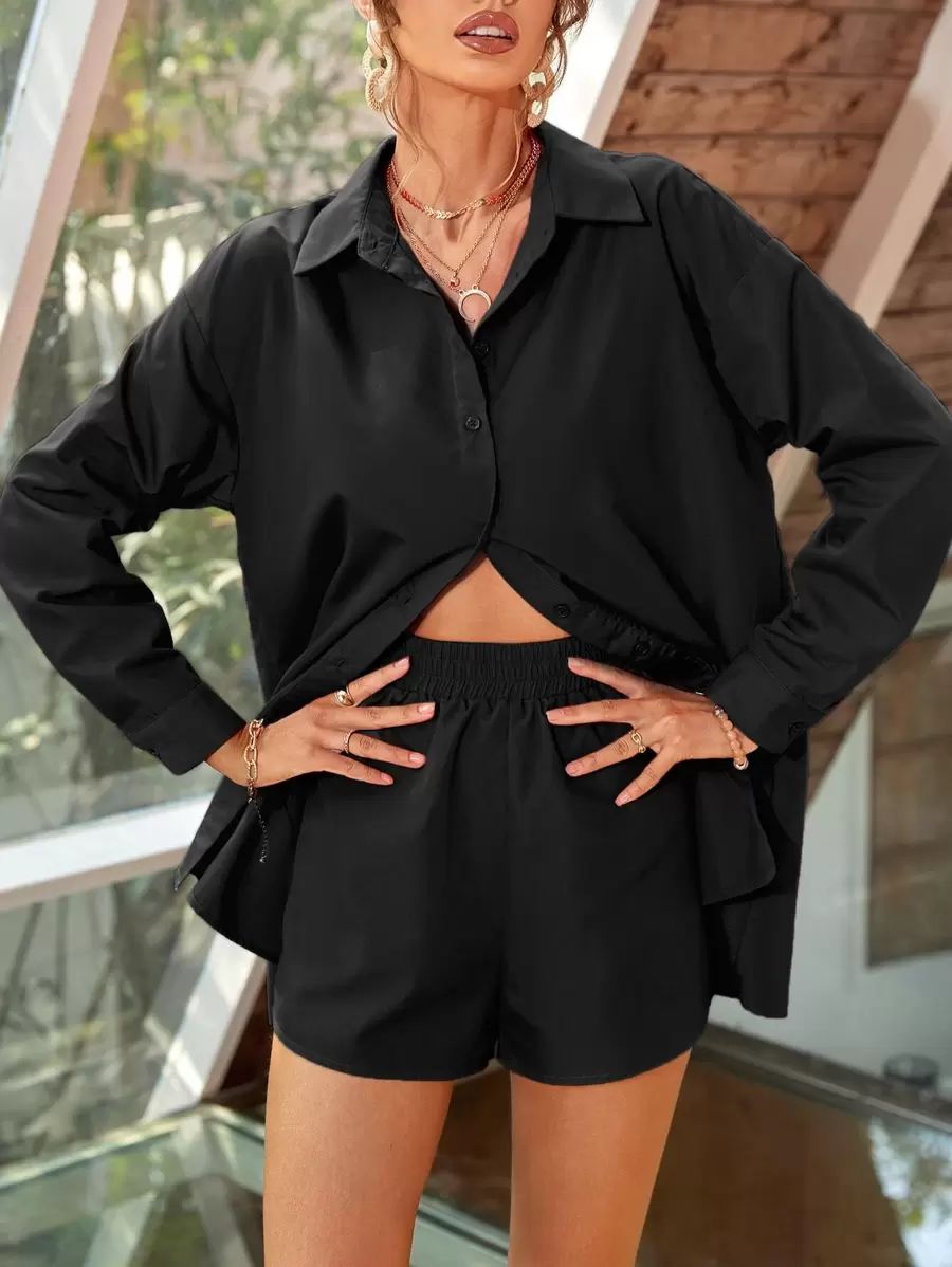 SHEIN Frenchy 1 pieza Camisa con botón de hombros caídos - Negro - Ver 1