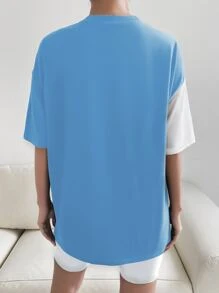 SHEIN Unity Chinese Dragon Graphic Two Tone Drop Shoulder Tee - Blue and White - View 2