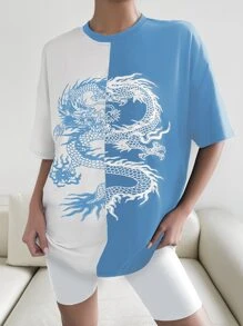 SHEIN Unity Chinese Dragon Graphic Two Tone Drop Shoulder Tee - Blue and White - View 4
