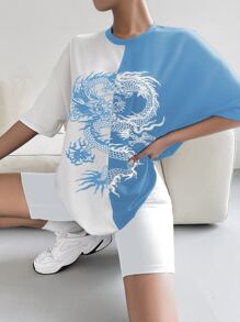 SHEIN Unity Chinese Dragon Graphic Two Tone Drop Shoulder Tee - Blue and White - View 6