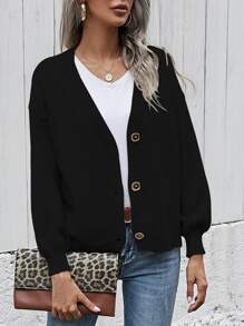 SHEIN LUNE Drop Shoulder Lantern Sleeve Cardigan - Black - View 1