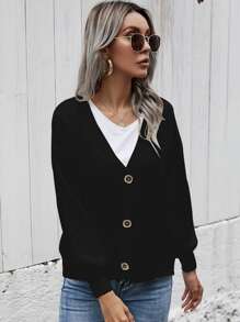 SHEIN LUNE Drop Shoulder Lantern Sleeve Cardigan - Black - View 3