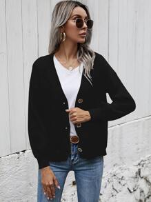SHEIN LUNE Drop Shoulder Lantern Sleeve Cardigan - Black - View 5