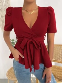 SHEIN LUNE 泡泡袖交疊領腰帶荷葉邊下擺T恤 - 紅色 - 查看 4