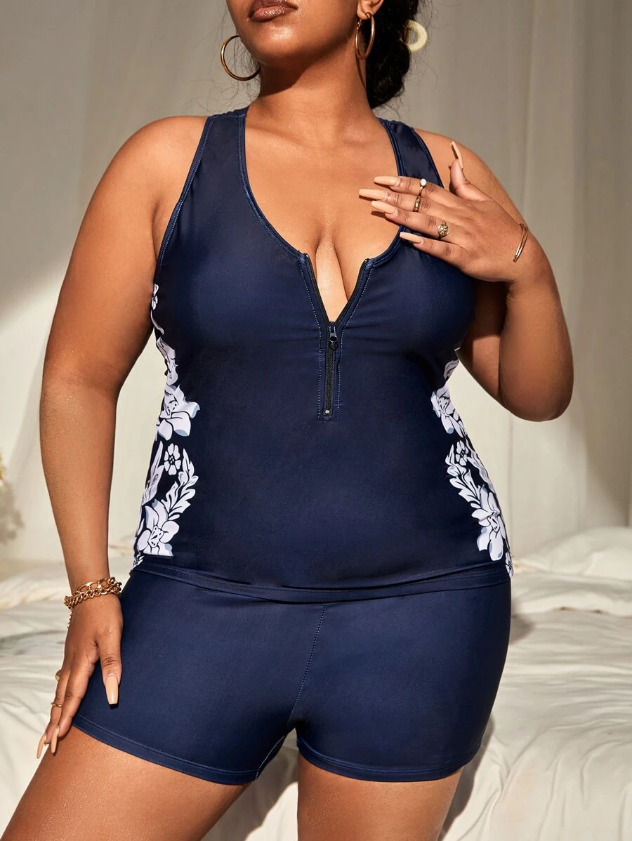 Tankini de verano para la playa con estampado floral, cremallera media y espalda de tirantes para tallas grandes - Azul Marino - Ver 1