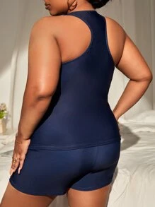 Tankini de verano para la playa con estampado floral, cremallera media y espalda de tirantes para tallas grandes - Azul Marino - Ver 2