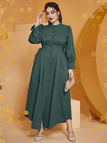 Vestido camisero con cordón lateral con botón delantero - Verde Oscuro - Ver 3