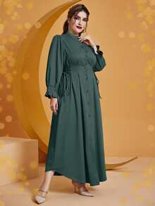 Vestido camisero con cordón lateral con botón delantero - Verde Oscuro - Ver 5