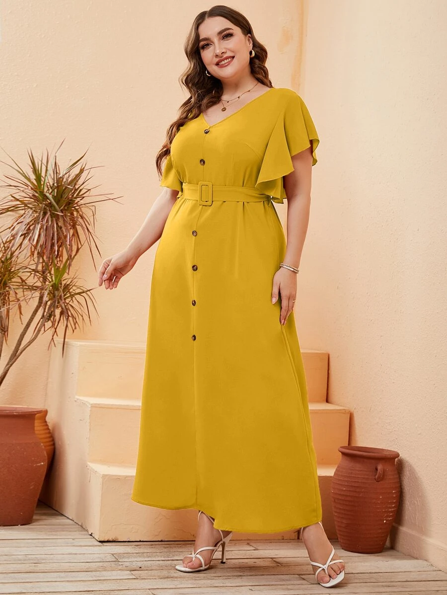 Modelyn Đầm Plus Size Nút phía trước màu trơn Thanh lịch - Màu Mù tạt vàng - Xem 1
