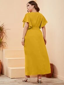 Modelyn Đầm Plus Size Nút phía trước màu trơn Thanh lịch - Màu Mù tạt vàng - Xem 2