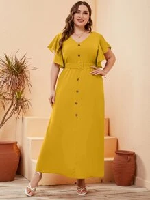 Modelyn Đầm Plus Size Nút phía trước màu trơn Thanh lịch - Màu Mù tạt vàng - Xem 3