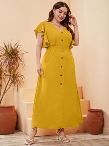 Modelyn Đầm Plus Size Nút phía trước màu trơn Thanh lịch - Màu Mù tạt vàng - Xem 5