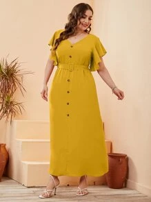 Modelyn Đầm Plus Size Nút phía trước màu trơn Thanh lịch - Màu Mù tạt vàng - Xem 6