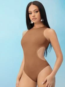 SHEIN SXY Áo liền quần ôm nữ Cắt ra màu trơn Giải trí - màu nâu - Xem 3