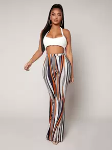 SHEIN SXY 條紋圖案高腰喇叭長褲