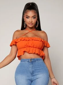 SHEIN SXY Neon Orange Ruffle Hem Criss Cross Halter Blouse - Orange - View 2