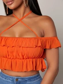 SHEIN SXY Neon Orange Ruffle Hem Criss Cross Halter Blouse - Orange - View 5