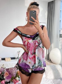 Floral Print Lettuce Trim Lace Panel Mesh Top & Shorts PJ Set - Multicolor - View 3