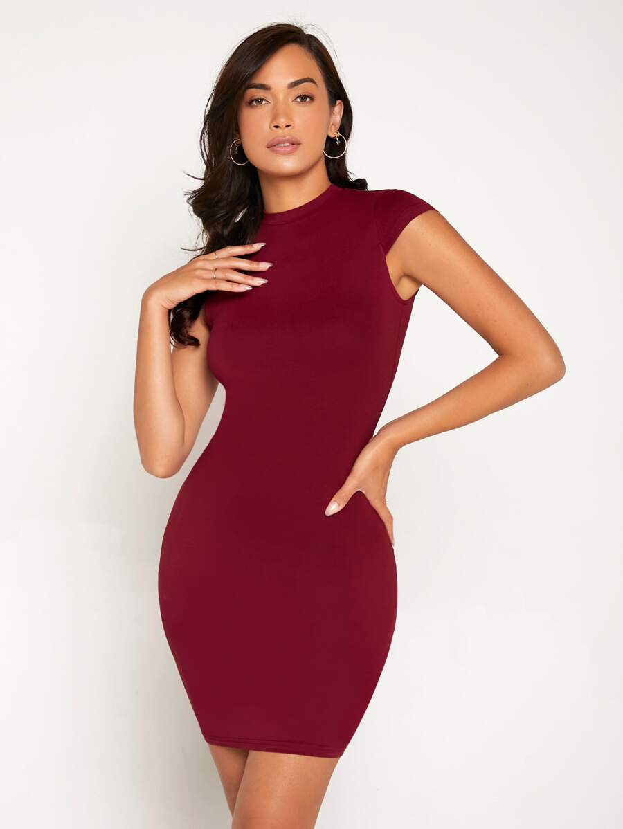 SHEIN BASICS 素色立領緊身洋裝 - 酒紅色 - 查看 1