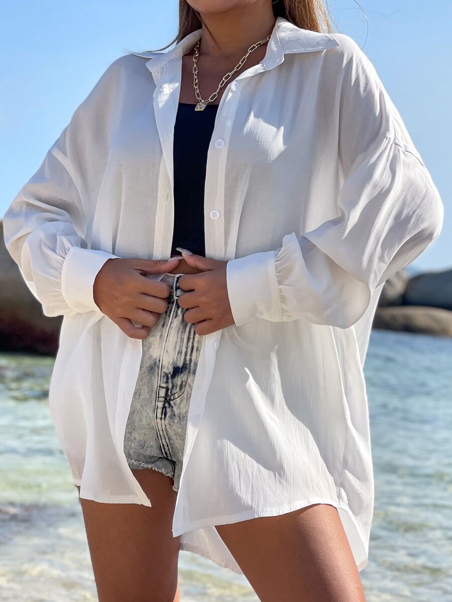 EMERY ROSE Drop Shoulder Button Up Oversized Shirt - White - View 1