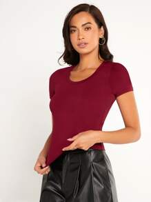 SHEIN BASICS 素色合身T恤 - 酒紅色 - 查看 1