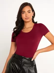 SHEIN BASICS 素色合身T恤 - 酒紅色 - 查看 3