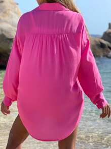 SHEIN Camisa amplia de hombros caídos con botón - Rosa - Ver 2