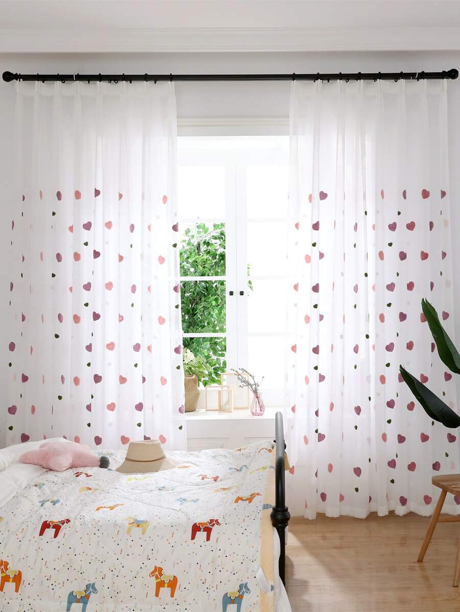 1入組愛心刺繡1片薄透創意滌綸濾光隱私透明窗簾適用於客廳和臥室 - 彩色 - 查看 1