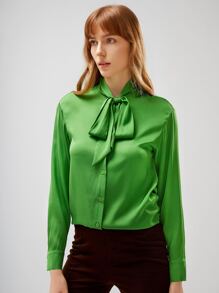 MOTF PREMIUM SILK TIE-NECK TOP - Green - View 5