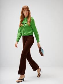 MOTF PREMIUM SILK TIE-NECK TOP - Green - View 10