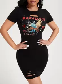 SHEIN SXY Vestido ajustado con estampado de águila y letra desgarro - Negro - Ver 2