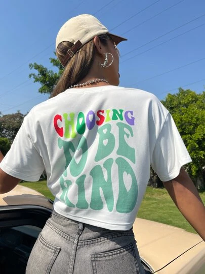 SHEIN Qutie 標語圖案落肩T恤