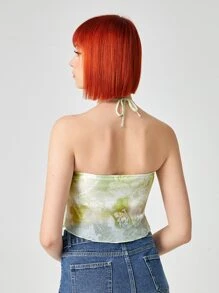 ROMWE Floral Graphic Halter Top - Mint Green - View 2