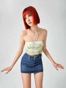 ROMWE Floral Graphic Halter Top - Mint Green - View 3