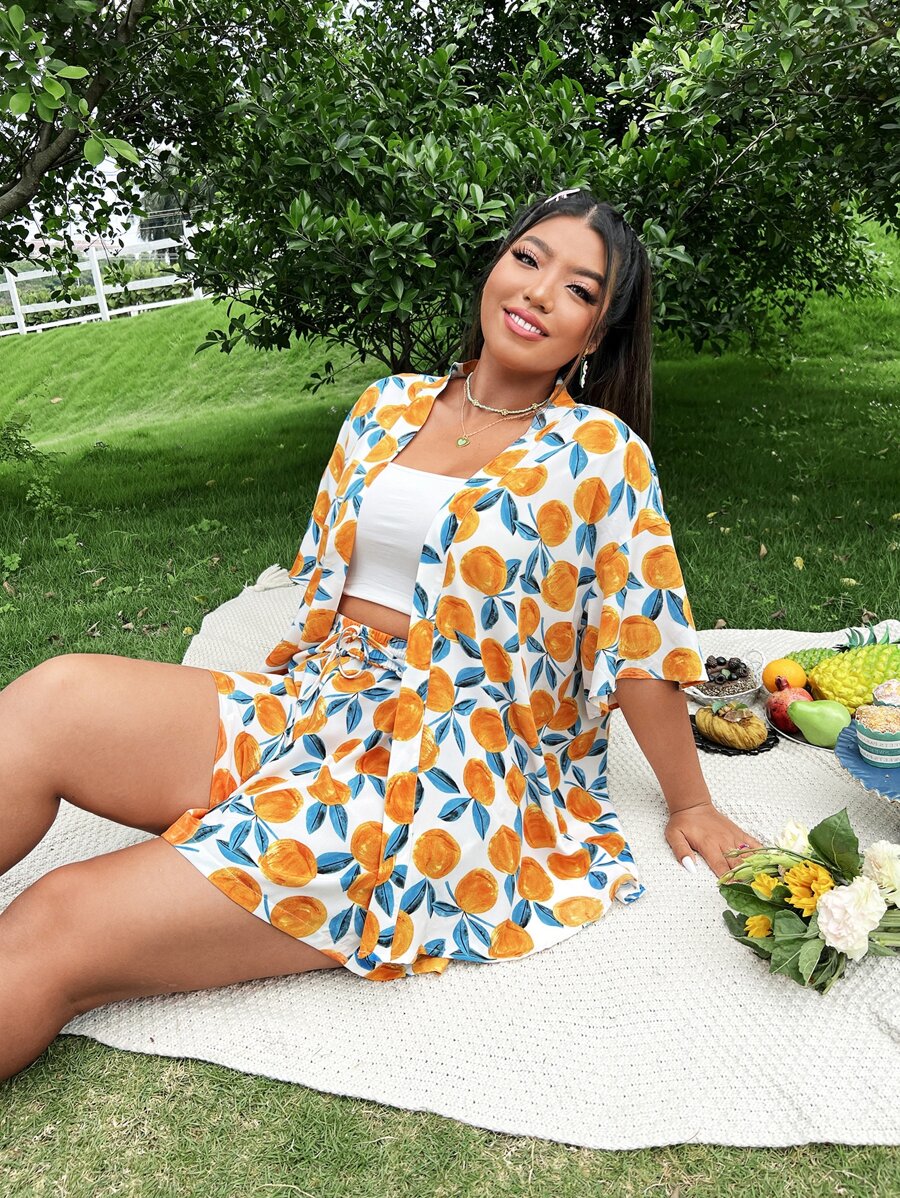 Dreamara Plus Fruit Print Kimono & Drawstring Waist Shorts - Orange - View 1