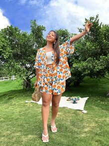 Dreamara Plus Fruit Print Kimono & Drawstring Waist Shorts - Orange - View 3