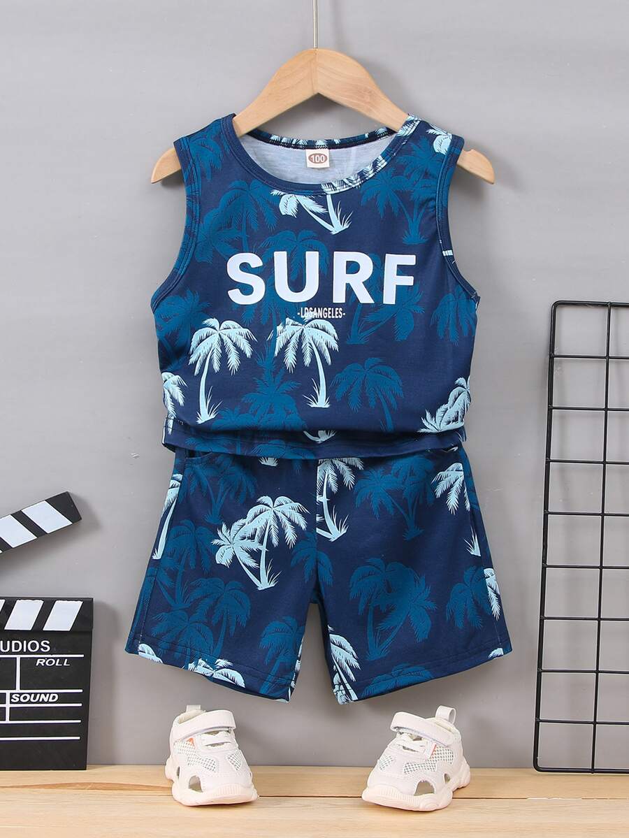 SHEIN 小男童熱帶印花和字母圖案背心上衣和短褲