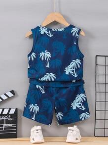SHEIN 小男童熱帶印花和字母圖案背心上衣和短褲